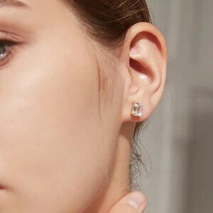 Gold Emerald Cut Zircon Stud Earrings. 925 Sterling Silver. #1017